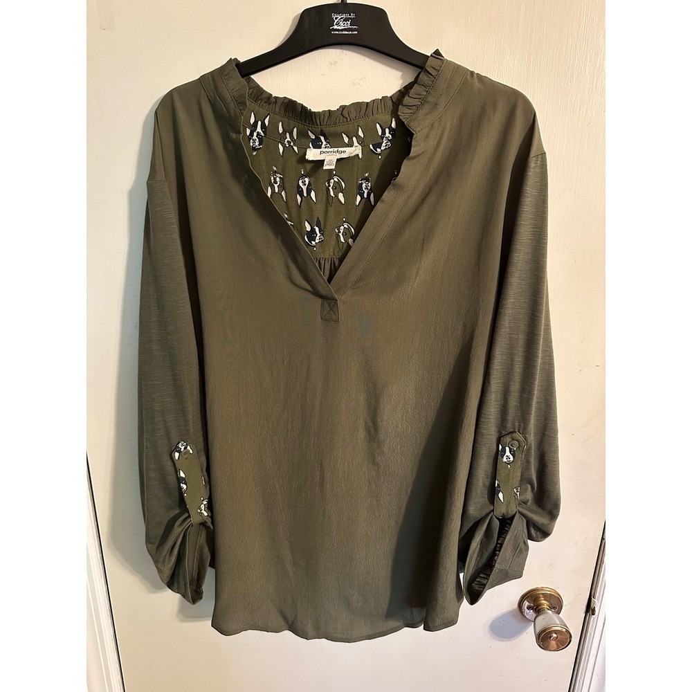 Porridge by Anthropologie Blouse Olive Green Roll Sleeve 3X Gorpcore Officesiren
